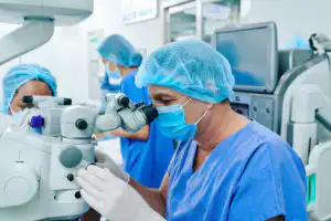 Chirurgien manipulant un laser de correction de la vision vue de côté